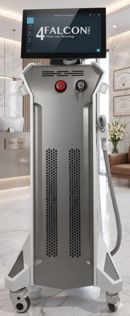 Lüks tıp kliniği ortamında şık ve profesyonel duruşuyla salon sahipleri için en iyi alexandrite lazer cihazı Falcon 4 Pro.